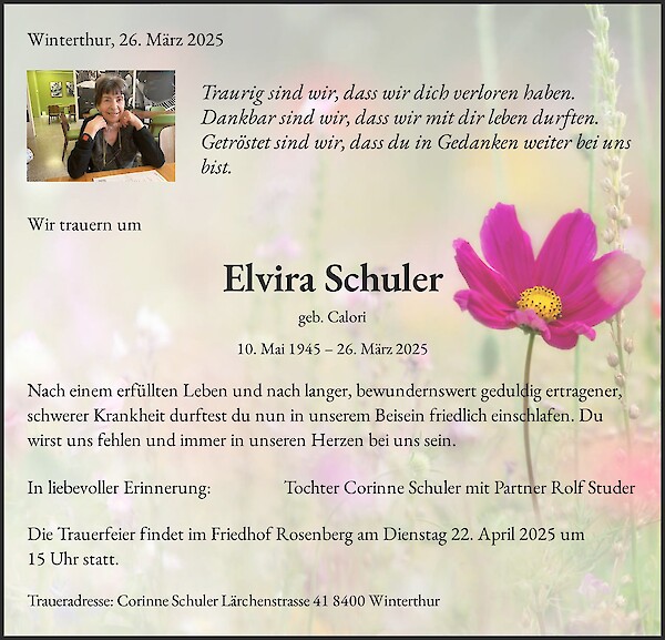 Avis de décès de Elvira Schuler, Winterthur