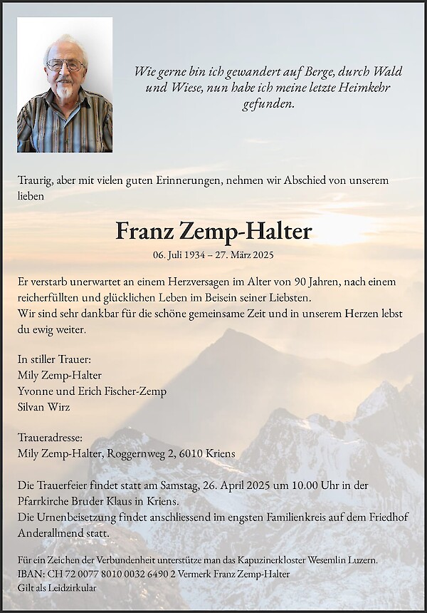 Avis de décès de Franz Zemp-Halter, Kriens