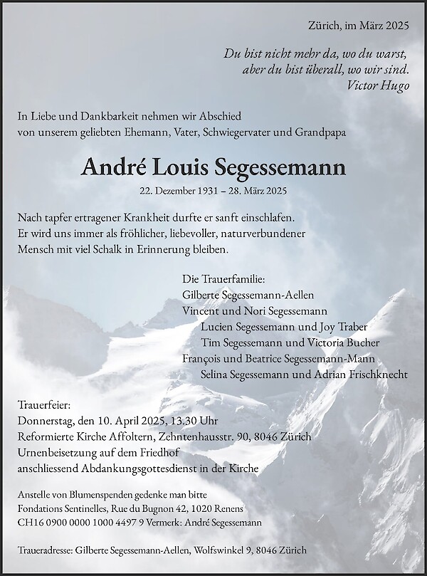 Avis de décès de André Louis Segessemann