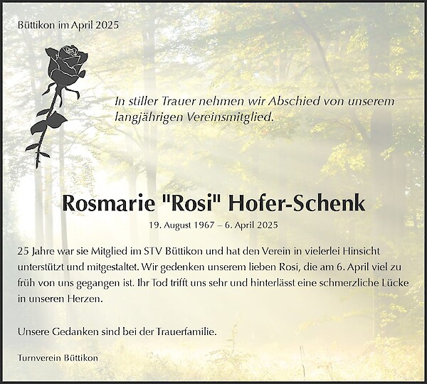 Avis de décès de Rosmarie "Rosi" Hofer-Schenk