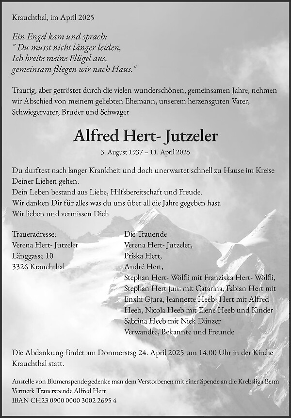 Avis de décès de Alfred Hert- Jutzeler, Krauchthal