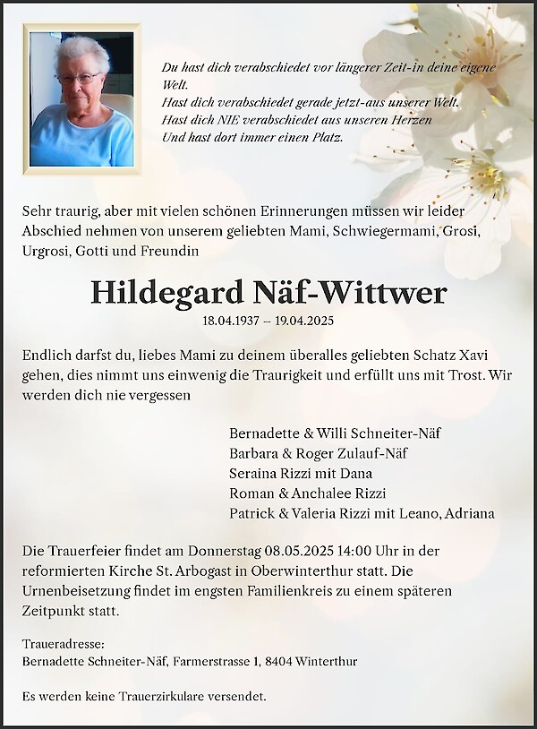 Avis de décès de Hildegard Näf-Wittwer