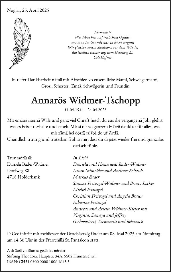 Avis de décès de Annarös Widmer-Tschopp, Nuglar