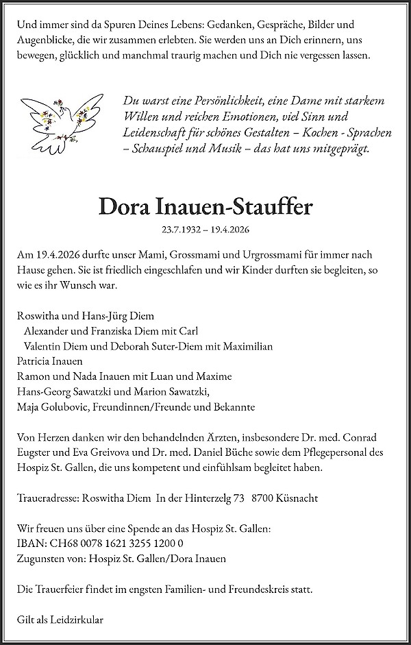 Todesanzeige von Dora Inauen-Stauffer