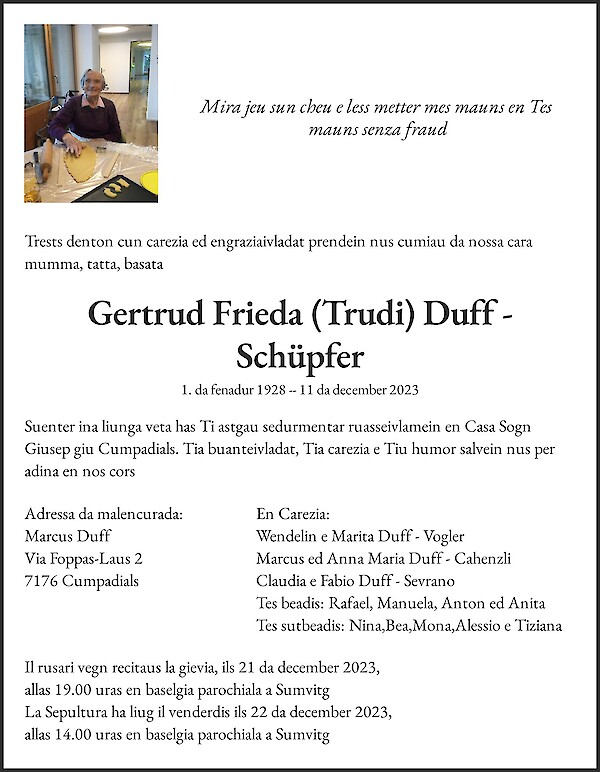 Avis de décès de Gertrud Frieda ( Trudi) Duff - Schüpfer