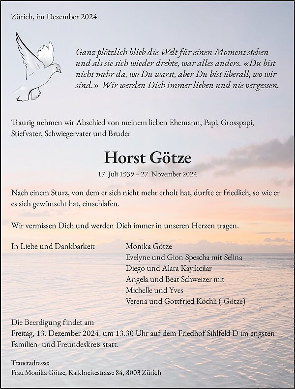 Avis de décès de Horst Götze, Zürich