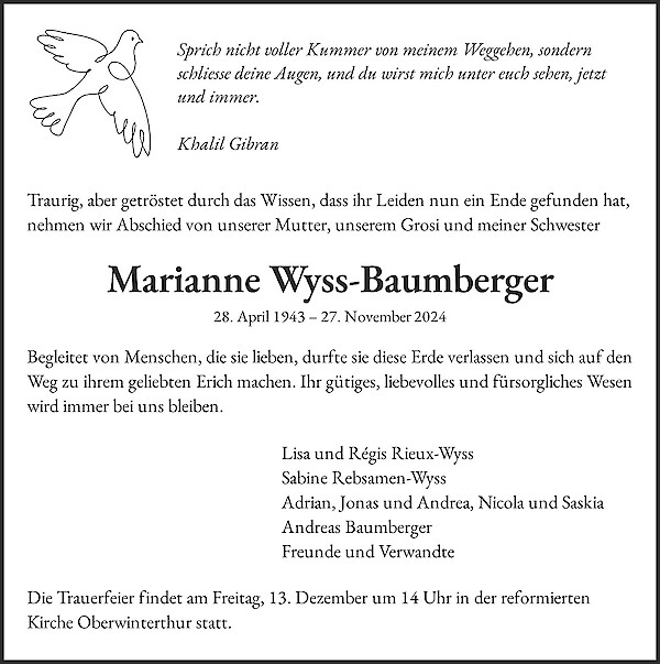 Avis de décès de Marianne Wyss-Baumberger, Winterthur