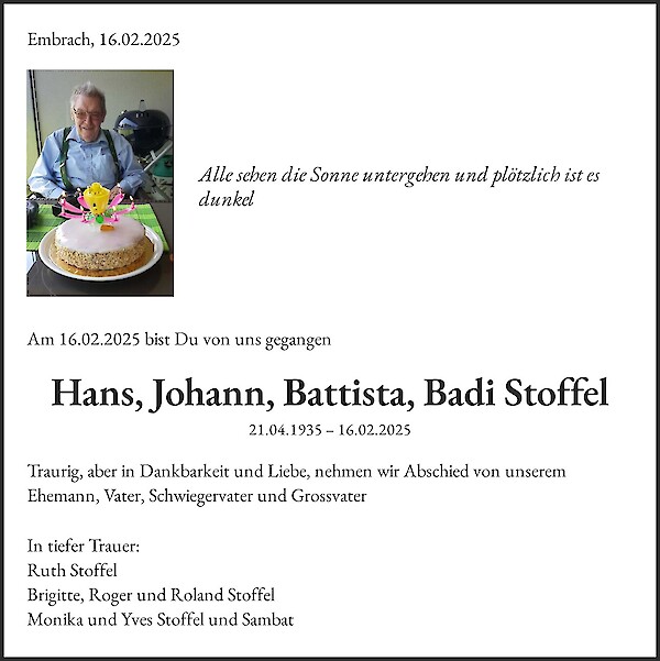 Avis de décès de Hans, Johann, Battista, Badi Stoffel