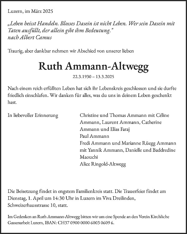 Todesanzeige von Ruth Ammann-Altwegg